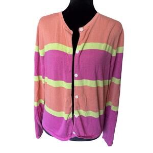 Flawed Vintage Silk Blend Cardigan Pink Peach Coral Lime Striped Kidcore 14